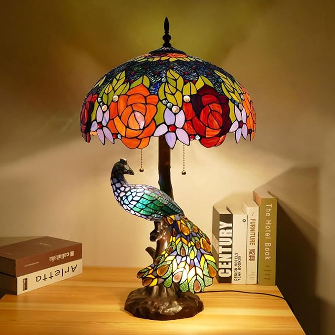 Large Tiffany Table Lamp 18" Wide Handmade Stained Glass Lamp Shade 3 Light Peacock Style Vintage Desk Light for Living Room Bedroom Bedside Reading Light,Red Rose