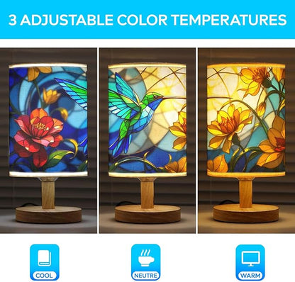 Hummingbird Table Lamp LED 3-Color Pressed Bedside, Hummingbird Shade Lamp with Wood Base for Bedroom Living Room Desk Office TL01