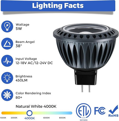Gardencoin MR16 LED Light Blub, 5W 4000K Netural White 450 Lumens Dimmable, Aluminum Housing, Low Voltage 12V Input,GU5.3 bi-pin Light Bulbs for Landscape &Accent Lighting, Indoor/Outdoor Use,6-Pack