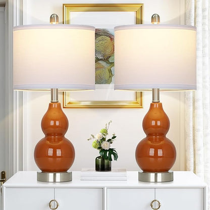 Double Gourd Ceramic Table Lamps Set of 2, Modern Red Bedside Lamps for Night Stand, Contemporary Nightstand Lamps for Bedroom Living Room (Bulb Included)