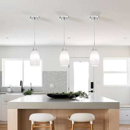 Mini Glass Pendant Light 4.72" White Swirl Pendant Lights 3-Pack Handblown White Art Oval Glass Hanging Pendant Light for Kitchen Island Dining Room Living Foyer Hallway Entry