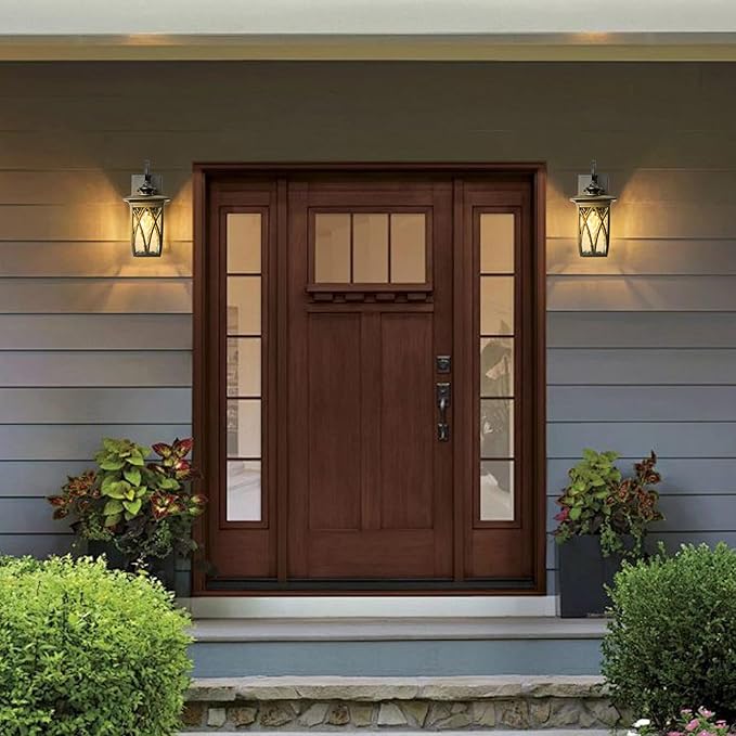 JYZ Outdoor Porch Light Wall Mount,14'' Exterior Waterproof Wall Lighting Fixtures,Wall Sconce Light with E26 Socket & Water Ripple Glass Shades, Matte Black Outside Wall Lantern for Patio Front Door