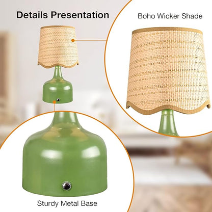 Cordless Boho Table Lamp Green, Wicker Shade, 5200-mAh Rechargeable Battery, 3-Way Dimmable, Build-in Integrated LED 320 Lumen Max, for Bedside Living Room