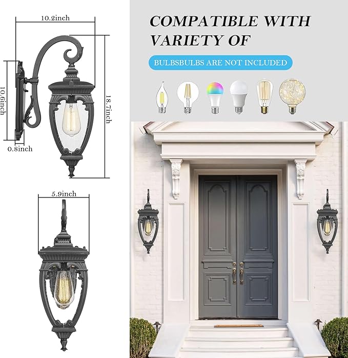 Outdoor Wall Light Fixtures, 18.7 Inch Exterior Wall Lantern Waterproof Sconce, Porch Lights with seeded Glass Shade, Outside Exterior Lights Fixtures for Patio Garage. (Bulbs Not Included)
