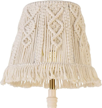 White-Ivory Boho Woven Lamp Shade Bell Tassels Lampshade 7.5``Top x 12``Bottom x 11``High(Spider) Medium Handmade Lamp Shades for Table & Bedside Lamp - Easy Assemble