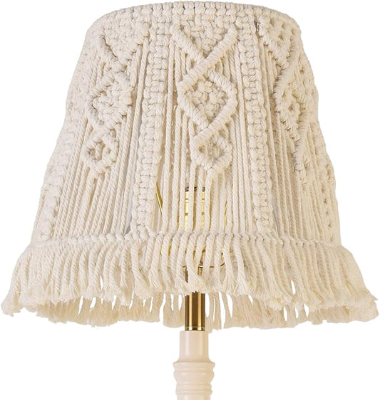 White-Ivory Boho Woven Lamp Shade Bell Tassels Lampshade 7.5``Top x 12``Bottom x 11``High(Spider) Medium Handmade Lamp Shades for Table & Bedside Lamp - Easy Assemble