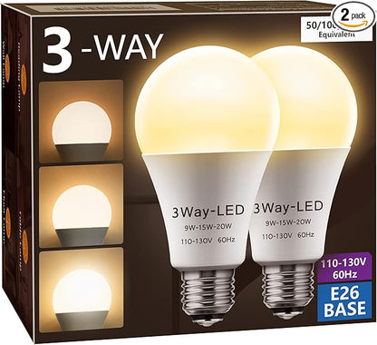 Briignite 3 Way LED Light Bulbs 50 100 150W Equivalent, 3 Way Light Bulbs, Three Way A21 E26 Medium Base, Soft White 3000K, 800lm-1400lm-2000lm, 2 Pack