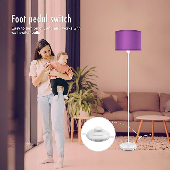 Floor Lamp, Standing Lamp, Modern Stand Up Lamps with Purple Lampshade, 59" Tall, Foot Switch, Simple Living Room Decor for Kids Room, Girls Room, Den, Office - White(NO Bulb,E26 Base)