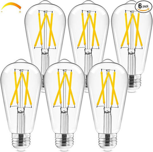 Hizashi LED Edison Bulbs, 6W, Equivalent 60W, 3000K Soft White, Dimmable E26 LED Bulb, 95+ CRI 700 Lumens, ST19 Vintage Light Bulbs, Clear Glass, Pack of 6