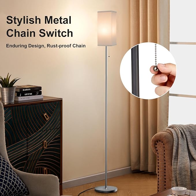 Floor Lamps for Living Room Bedroom - 3 Color Temperature Silver Floor Lamp Set of 2, Modern Standing Lamps with Pull Chain Switch White Shade, Tall Lamp for Corner Office(2 Pack)