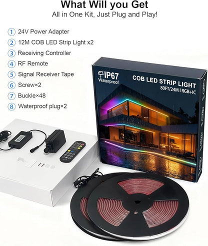 COB LED Strip Lights, RGB Smart IC, IP67 Waterproof, Dimmable 80FT/24M, Color Flowing Tape Light with App Control & Music Sync, Dotless for Outdoor, Patio, Pool & Party Decorations(2 Rolls)