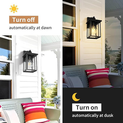 JYZ Dusk to Dawn Outdoor Wall Sconce, 12 Inch Exterior Wall Mount Lantern with Aluminum Frame, Weatherproof Black Porch Light Fixture for Front Door, Garage, Patio, Backyard, Garden JYOWL05