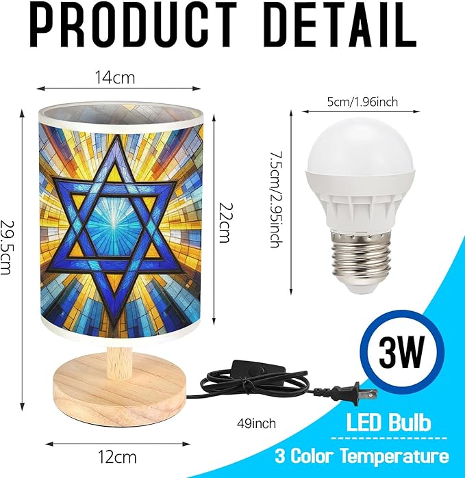 Star of David Table Lamp LED 3-Color Pressed Bedside, Star of David Shade Lamp with Wood Base for Bedroom Living Room Desk Office TL01
