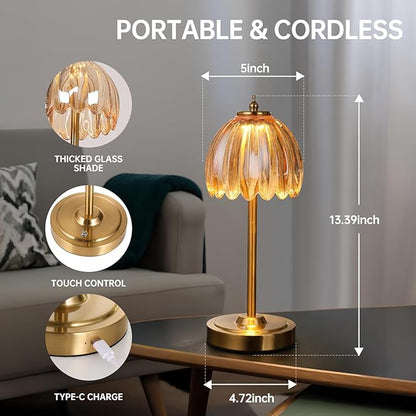 Tulip Table Lamp with 5000mAh Battery & Touch Control, Small Cordless Table Lamp with 3 Colors, Dimmable Rechargeable Battery Operated Table Lamps for Bedroom, Bedside, Desk (Amber Tulip)
