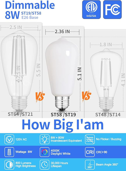 CRLight Dimmable Opal Edison Bulbs, ST58 = ST19 4000K Neutral White, 8W 80W 800LM, E26 Base, Vintage Milky Glass Decorative LED Light Bulbs, 90+ CRI, for Living Room, Home Decor, Ceiling Fan, 8 Pack