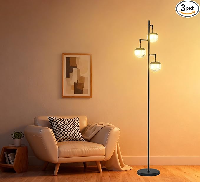 Fiqevs Mid Century Modern Floor Lamp with LED Bulbs, 3 Globe Standing Lamp with 3 Ribbed Clear Orb Shades, Black Tall Lamp for Living Room Bedroom Office