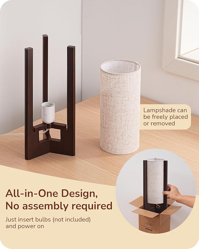 EDISHINE Wood Table Lamp, 13.5" Small Bedside Lamp, Beige Linen Shade, Rose Wood Cylinder Nightstand Lamp for Bedroom Living Room, On-Off Line Switch, E26 Base (Bulb Not Included)