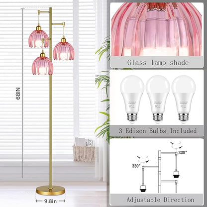 Gold Floor Lamp for Living Room Bedroom,3 Lights Vintage Tree Floor Lamps with Pink Glass Flower Shade,Mid Century Modern Floor Lamp for Corner Office,68IN Unique Tall Standing Lamp with Bulb