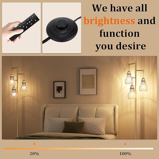 Dimmable Gold Floor Lamps for Living Room, Farmhouse Tree Standing Tall Lamp with Remote Control 3 Elegant Cage Shade LED Bulbs for Bedroom Office - Gold