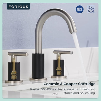 FORIOUS Brushed Nickel and Matte Black Bathroom Faucet 8 Inch, Black Widespread Bathroom Sink Faucet 3 Hole with Pop Up Drain and Supply Line, 2 Handle Stainless Steel Vanity Room Remodel