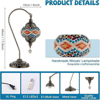 Swan Neck Turkish Moroccan Lamp Handmade Stained Mosaic Glass Vintage Lamp Shade Bohemian Tiffany Style Bedside Night Lamp Lighting for Bedroom Living Room (Colorful)