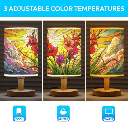 Gladiola Flower Table Lamp LED 3-Color Pressed Bedside, Gladiola Flower Shade Lamp with Wood Base for Bedroom Living Room Desk Office TL01