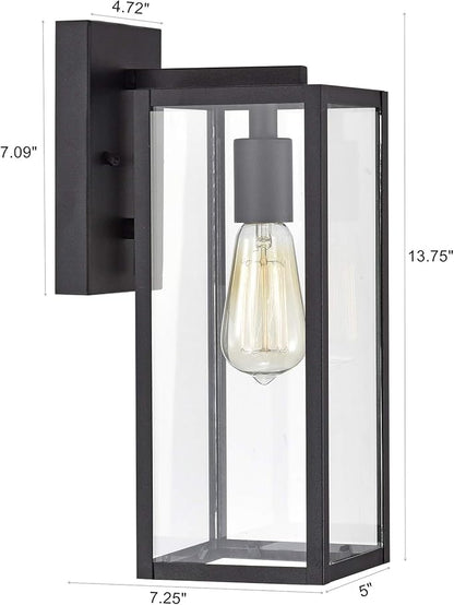MICSIU Black Outdoor Wall Light Fixture 2 Pack, Clear Glass Exterior Wall Sconce Modern with E26 Base Socket, 13.75 Inch Outside Lights for House, Yard, Shop, Doorway, Pathway, Balcony