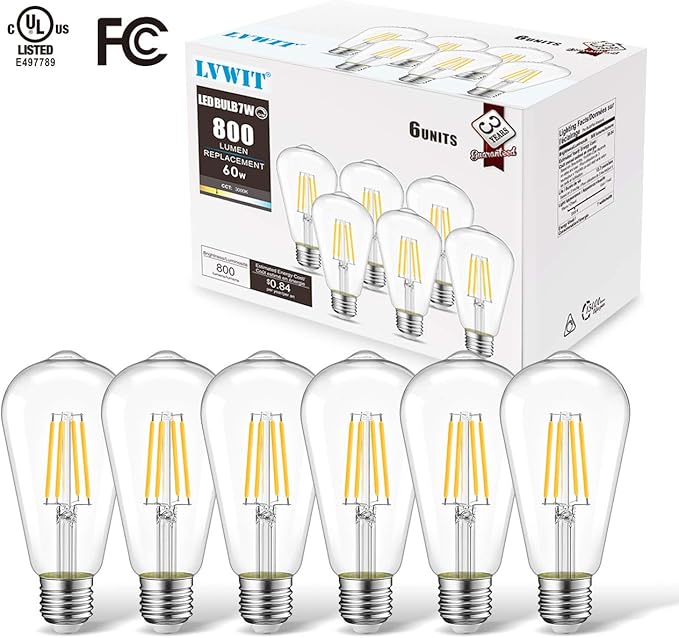LVWIT ST21 LED Filament Bulb 7W Dimmable 3000K Soft White Vintage Edison Light Bulb E26 Medium Base (6-Pack)