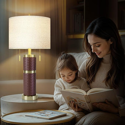 Woven Leather Table Lamps Set of 2, Lamps for Night Stands, 25" Bedside Lamps with USB A+C Ports, Linen Shade, Modern Table Lamps for Bedroom Living Room Office Reading(Bulb Included)