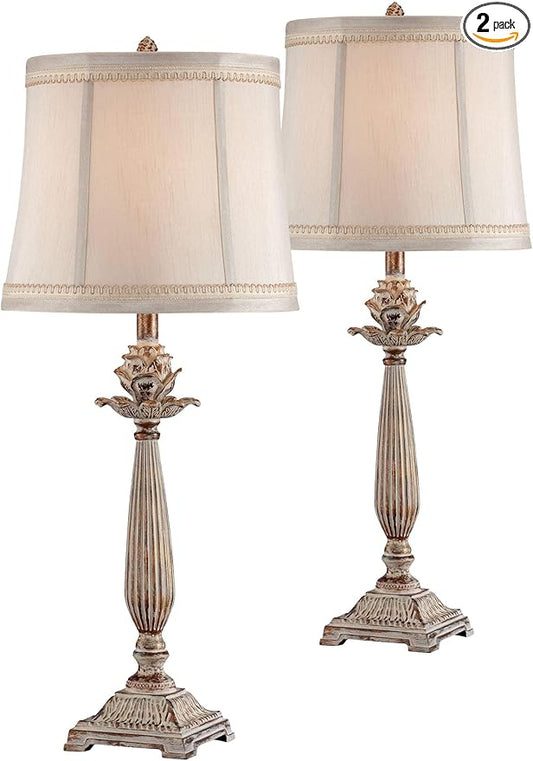 Regency Hill Shabby Chic French Country Table Lamps 28" Tall Set of 2 Antique White Washed Petite Artichoke Font Beige Fabric Bell Shade for Living Room Bedroom House Bedside Nightstand Home