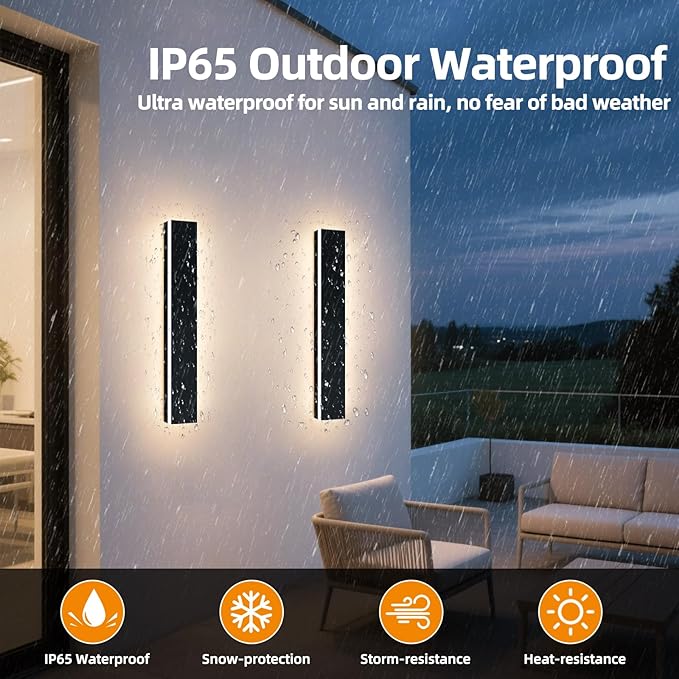 Upgrade Widened 2 Pack Modern LED Wall Sconce, 23.6inch Outdoor Exterior Wall Light, 3000K Warm White, 24W, IP65 Waterproof, Black Outside Long Linear Patio Lighting for House, Garage, Yard