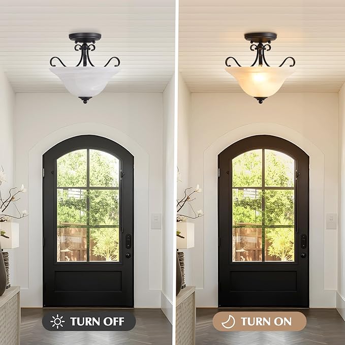 Luvkczc Retro Semi Flush Mount Ceiling Light,Black Ceiling Light Fixture, Mid Century Ceiling Light Modern Glass Close to Ceiling Light for Bedroom Kitchen Porch Hallway,Bulbs Not Included