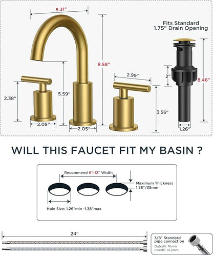 FORIOUS Brushed Gold Bathroom Faucet 3 Hole, 2 Handle 8 Inch Widespread Gold Sink Faucet Bathroom Vanity with 360 Degree Swivel Spout, with Pop Up Drain and cUPC Supply Line, for 6 to 12 in Sink