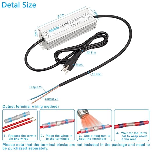 LED Driver 24V 60W Waterproof Switching Power Supply AC 90-240V to DC 24V 2.5A Low Voltage Transformer IP67 Converter Suitable for Indoor and Outdoor LED Strip Lights and Light Strings