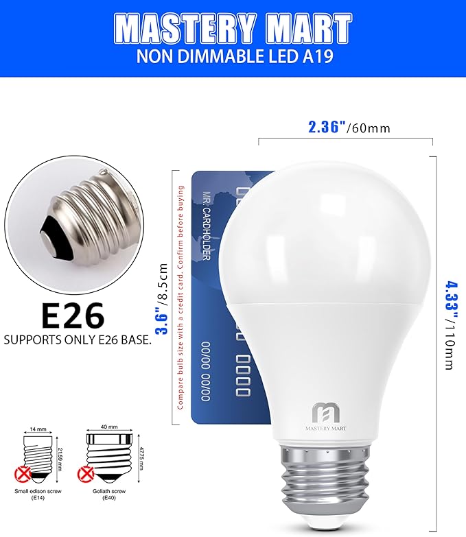 MASTERY MART 24 Pack A19 LED Light Bulbs 60 Watt Equivalent, 9W Non-Dimmable, Flicker-Free, 800 LM, Bright Daylight White 5000K, E26 Base, 10000 Hrs, 80+ CRI, Energy Saving, for Living Room, Office
