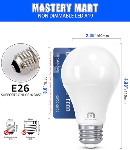 MASTERY MART 6 Pack A19 LED Light Bulbs 60 Watt Equivalent, 9W Non-Dimmable, Flicker-Free, 800 LM, Bright Daylight White 5000K, E26 Base, 10000 Hrs, 80+ CRI, Energy Saving, for Living Room, Office