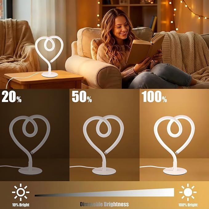 White Table Lamp – 3CCT 2700K 4000K 6500K Stepless Dimmable Heart Lamp, Touch Control Aluminum Bedside Table Lamp with USB Adapter, Small Table Lamp for Bedroom,Teen,Room,Girls Room