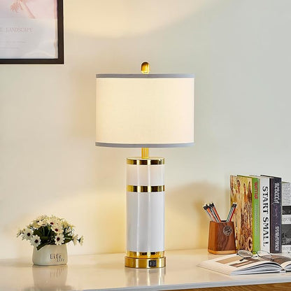 Ceramic White Gold-Plated Decorative 28" Table Lamps Set of 2 with E26 Socket&Rotary Switch,USB A+C Ports,Modern Bedside Lamps for Nightstand,Bedroom,Living Room,Decoration,Office(Bulbs in)