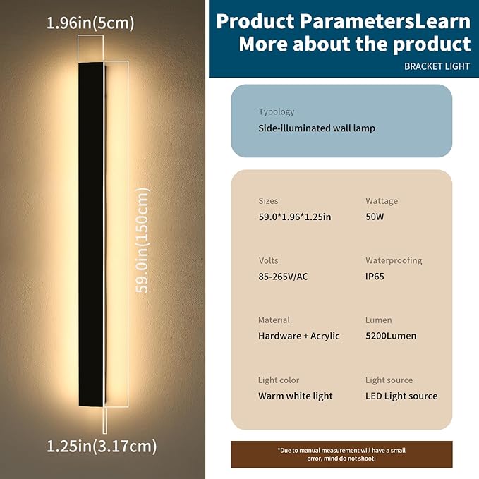 Modern Long Wall Light Fixture, 59inch Outdoor Wall Sconces, 3000K Warm White Light, Black Minimalist, Frosted Acrylic, IP65 Waterproof, Exterior Lights for House, Garage, Gardens, Porch