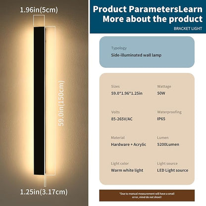 Modern Long Wall Light Fixture, 59inch Outdoor Wall Sconces, 3000K Warm White Light, Black Minimalist, Frosted Acrylic, IP65 Waterproof, Exterior Lights for House, Garage, Gardens, Porch