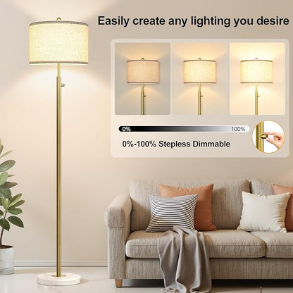 【Upgraded】 Dimmable Floor Lamp for Living Room, 11W LED Bulb Included, Modern Standing Lamp with Marble Base, Tall Pole Light with Linen Shade for Bedroom Reading Office Corner Nursery-Brass Gold