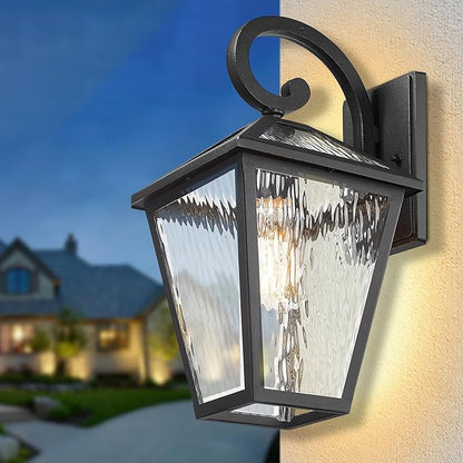 Outdoor Lights Fixtures Wall Mount, Outdoor Wall Lantern with Water Ripple Glass, Waterproof Outside Exterior Wall Sconce Lights Fixture for House, Front Porch, Patio, Large, Matte Black