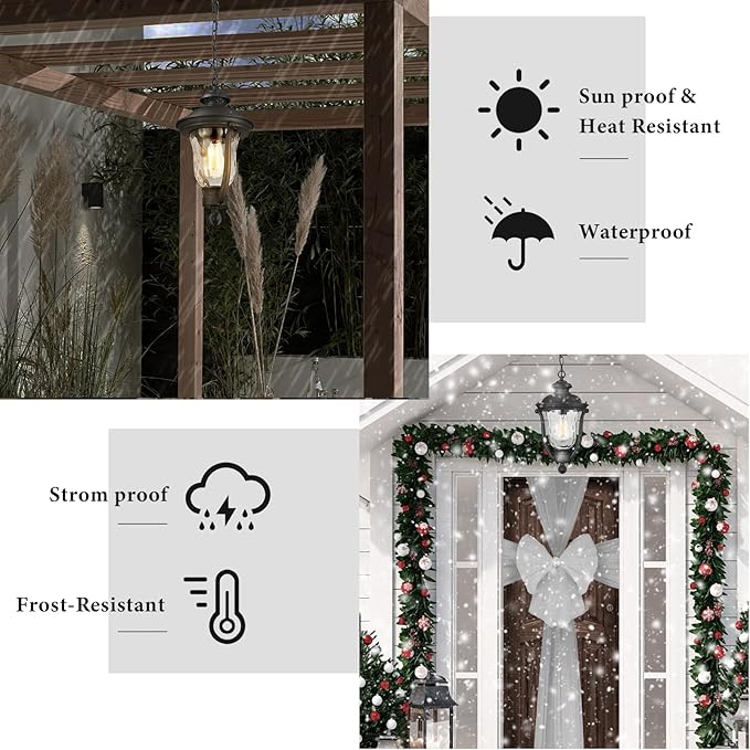 Outdoor Pendant Lights,Modern Exterior Hanging Porch Light,Height Adjustable Outside Hanging Lantern Matte Black Vintage for Enterance,Gazebo, Foyer, Water Ripple Glass Lamp Shade
