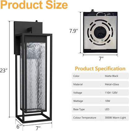 𝟐𝟑𝐈𝐍𝐂𝐇 Extra Large Dusk to Dawn LED Outdoor Light, Black Front Door Light, Rippled Glass Wall Sconce Waterproof Exterior Lighting Fixtures, Outdoor Lights for House Garage Patio