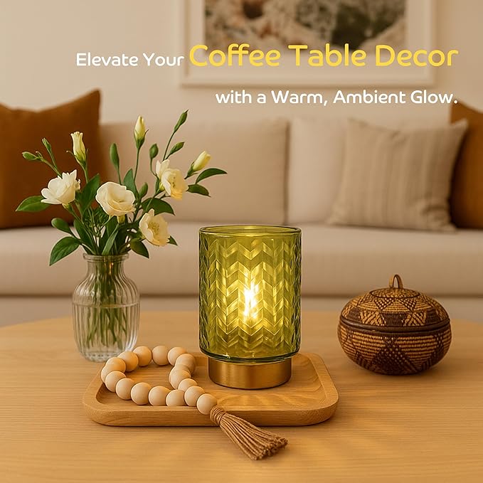 Battery Operated Lamp Cozy Bedside Ambience, Small Vintage Cordless Table Lamp for Shelf Office Desk, Glass Decorative Accent Lamp for Living Room/Entryway/Dorm Wave Design-Green