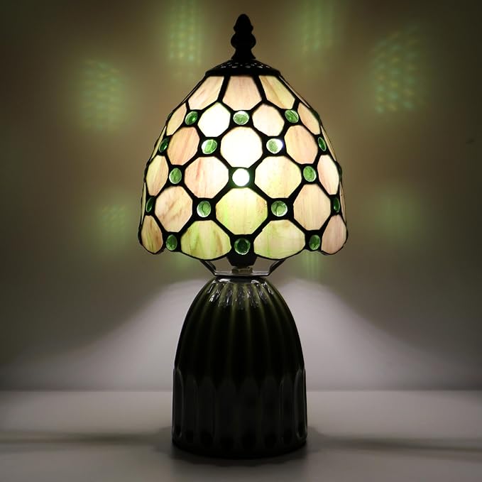 Tiffany Lamp Stained Glass Mushroom Table Lamps 6X6X12.5 Inch Amber Green Pearl Style Small Night Light Ceramic Base Mini Accent Desk Light Suitable for Bedside Table Bedroom Children Room