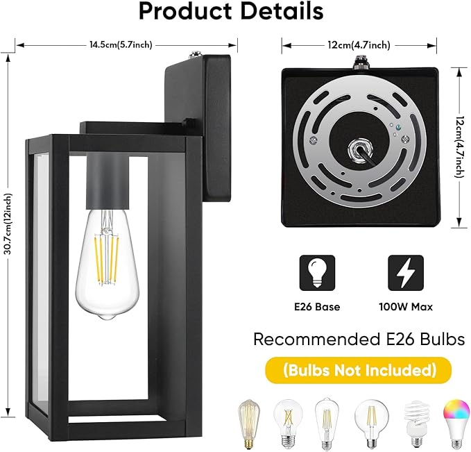 BesLowe 2-Pack Dusk to Dawn Outdoor Wall Lanterns Lights, Matte Black Waterproof Exterior Sconces with Clear Glass, Anti-Rust Outdoor Light Fixtures Outside Lights for House, Porch, Garage, Doorway