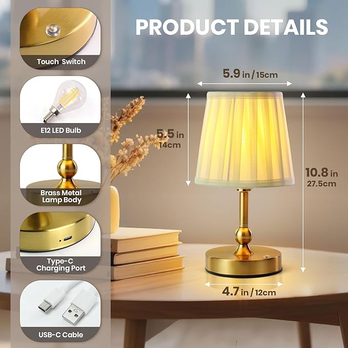 Cordless LED Table Lamp with Dimmer - 5200mAh Rechargeable Battery Operated Lamp Included 2700K Bulb, Gold Portable Stepless Touch Night Light for Bedroom Patio Home (Pleated Fabric Shade)