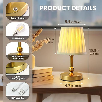 Cordless LED Table Lamp with Dimmer - 5200mAh Rechargeable Battery Operated Lamp Included 2700K Bulb, Gold Portable Stepless Touch Night Light for Bedroom Patio Home (Pleated Fabric Shade)