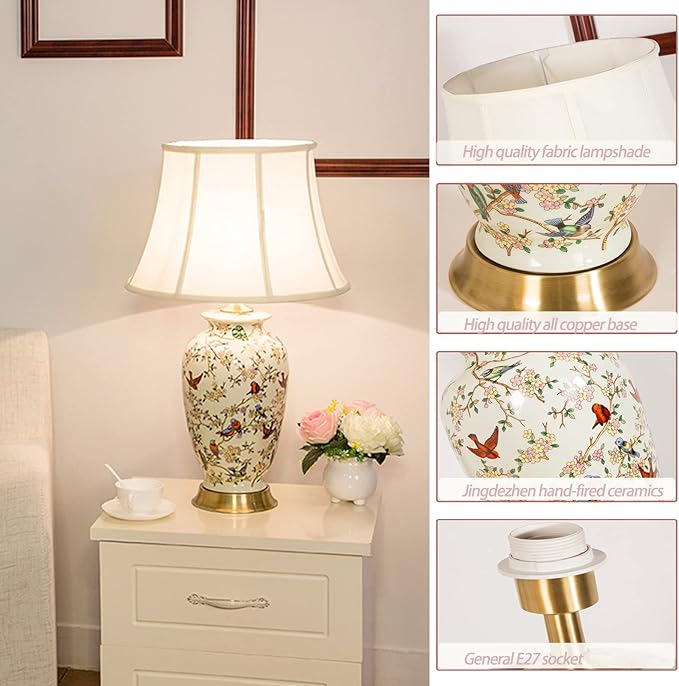 PURESILKS White 27" Flower and Bird Ceramics Table Lamp Chinoiserie Desk Lamp,Fabric Drum Shade,Gold Base, Tall Table Lamp Decor for Living Room Bedroom Bedside Office College Bookcase